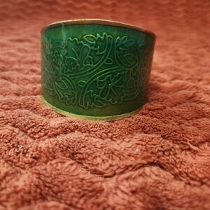 Vintage Green & Gold Cuff Bracelet w/ Intricate Floral Design Bold & Vibrant